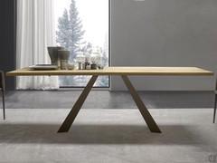 Desire fixed rectangular table with natural oak slatted top with straight edge and bronze painted metal frame