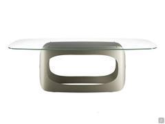 Modern table with a crystal top Odyssey, with a painted metal base characterised by soft, curved lines