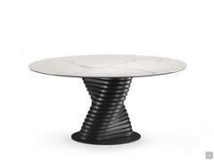 Vortex round table in glossy Statuario ceramic with base in black painted metal