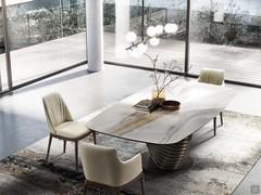 Vortex table with shaped top in glossy Calacatta Gold ceramic