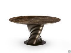 Vortex design table with round top in glossy Emperador marble and base in bronze metal