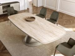 Living room design table Vortex in the elegant version where the matt travertine ceramic slab is embraced by the lacquered wood undertop