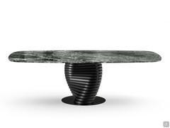 Living room table Vortex with black painted metal design base and shaped top in green Alpi marble