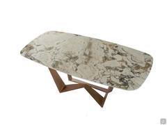 Reverse table with top in Symphony Gres stone and base in Brushed Copper metal