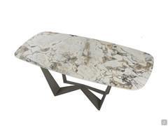 Reverse table with top in Symphony Gres stone and base in Titanium finish