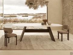 Cedar table with burnished metal legs, Moka Oak beam and Calacatta Gold marble top