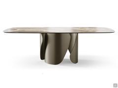 Fontal view of the Torquay table with bronze-coloured painted metal base and polished alabaster ceramic top, in the shaped version