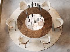 Round wooden top with fixed or rotating central ceramic insert, available in numerous matt and gloss finishes