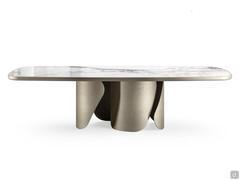 Torquay table 320 x 120 cm version with shaped top in shiny Statuario ceramic, under-top in Titanium lacquered wood and base in brushed Platinum.