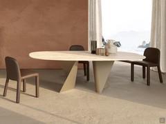 Birkey living room table with oval shaped Travertine marble top and Beige metal base