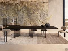 Iberis table with smoked Murano glass legs and a black secular wood top