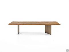 Iberis table with natural secular wood top and brushed bronze metal legs