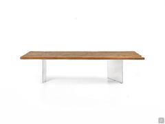 Iberis table with natural secular wood top and extra-clear Murano glass legs