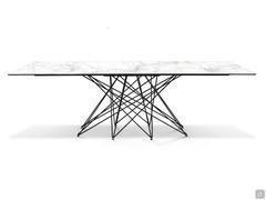 Octa rectangular table by Bonaldo with calacatta macchia vecchia ceramic top and woven base in bronze metal