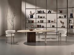 Dandelion table with top and one leg in Travertine marble and the other in wood