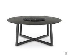 Modern living room table Coast with round wooden top and swivel centerpiece element made of Nero Marquinia marble