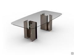 Table Zentrum with vases embedded in bases made of titanium painted metal, barrel top made of clear glass