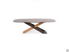 Haynes table with smoked glass top and legs in burnished metallic metal and natural Secular wood