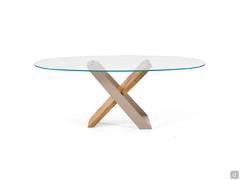 Haynes table with extra-clear glass top and beige metal and natural secular wood legs