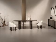 Lotus table here proposed all in Moka ash wood, in size Medium with 3 bases and a single shaped top of 230x120 cm