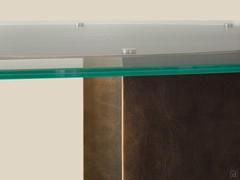 Detail of Phantom table with delabré V3 metal base, hand antiqued to give the characteristic brushed effect