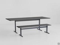 Graphic table and bench with metal frame and matching wooden top