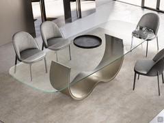 Table with designer metal Hadley base and clear glass top