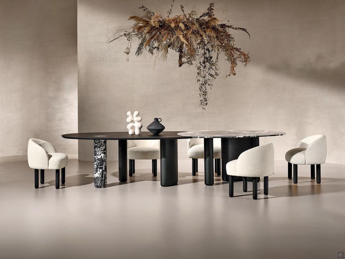 Sculpture table Lotus with column bases and double shaped top, in the Big size of 350x120 cm in wood and marble