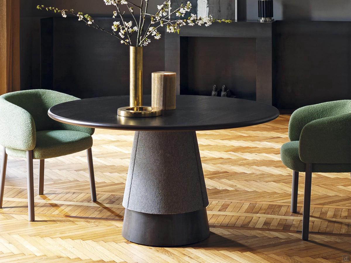 Hamide 140 cm design round table with top veneered in stained ash: the conical base matches the top and is covered in fabric