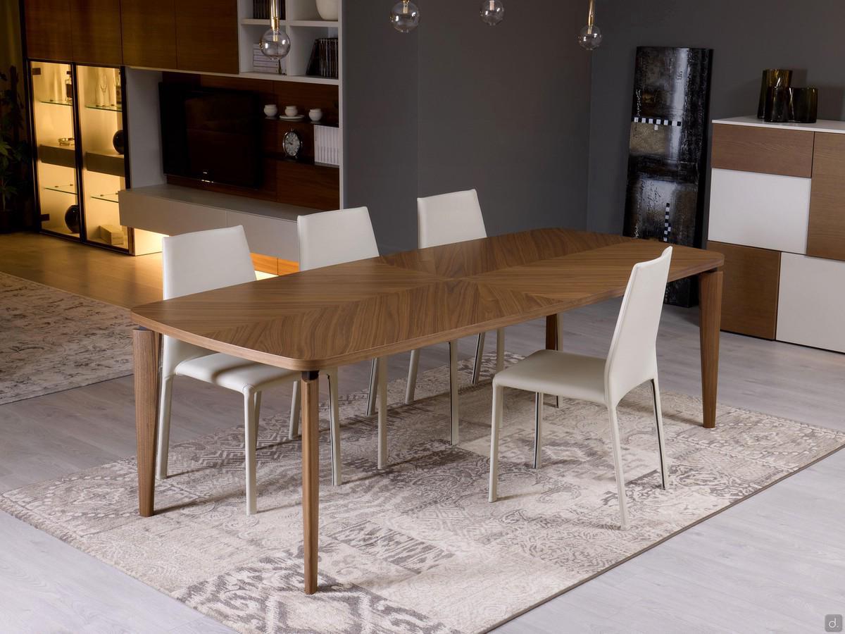 Nelia modern wooden table in natural walnut finish, with distinctive cross-grained top