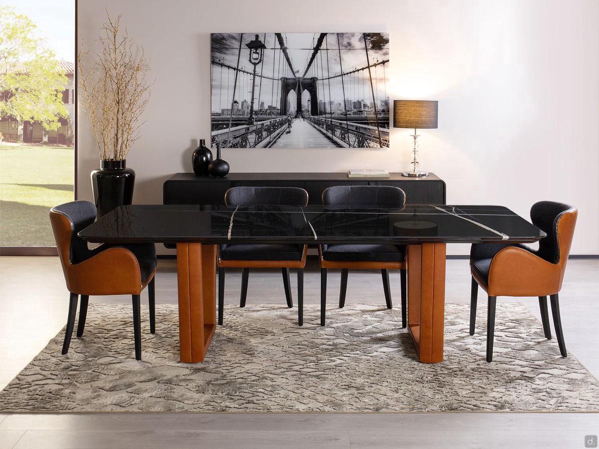 Fixed shaped rectangular table Dart with 240 x 110 cm Sahara Noir marble top and legs upholstered in Tuscania leather 20