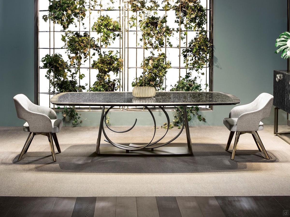 Fixed table with curved metal base Rodin by Cantori, available with marble or decorated wood top