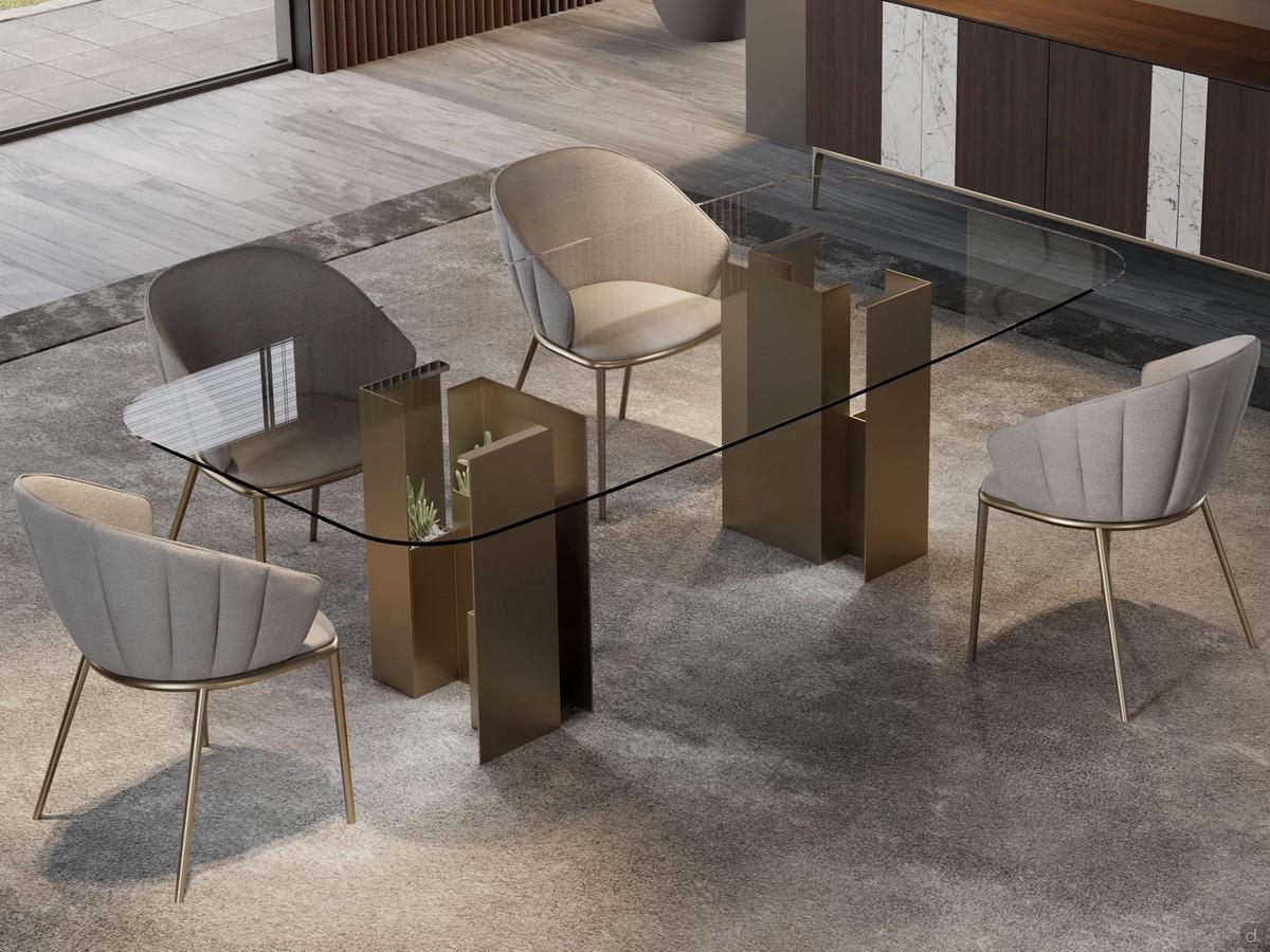 Table Zentrum in the fixed version with a transparent glass barrel top that allows the two bases with built-in champagne-painted metal vases to stand out.