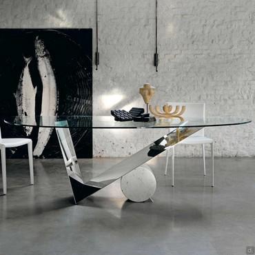 Valentinox table in glass and stainless steel by Cattelan - with white Carrara marble cylinder