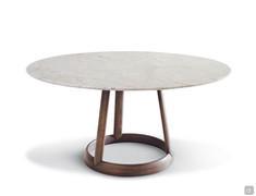 Greeny round dining table with marble top and solid wood base in American walnut