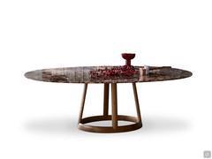 Greeny dining table with polished emperador marble oval top and solid wood base in American walnut