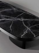 Black Onyx polished ceramic combined with a Lead lacquered wood edge, one of the possible combinations available for the Pavilion table, in three sizes all with rectangular shaped top