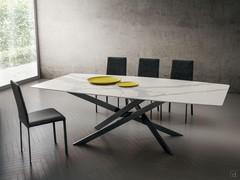 Argus table with rectangular barrel-shaped top in statuary white Laminam stone