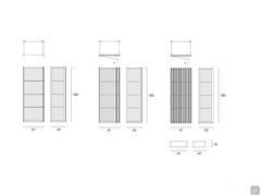 Modern showcase Karin in open models without doors, with single glass door, with single glass door and slatted wood; can be equipped with lacquered drawers