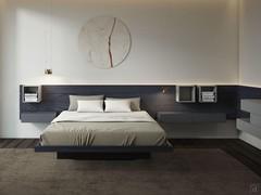 Overfly bed with "floating" effect with wall panels matching the headboard