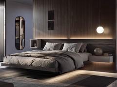 System Overfly with lava elm headboard, suspended elements in granit lacquer. LED lighting system in the upper and lower profiles of the headboard and on the sides of the bedstead