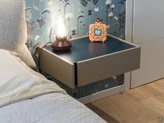 Cleveland hanging nightstand with midnight blue matte lacquer throat and top and jute melamine front and frame - customer photo