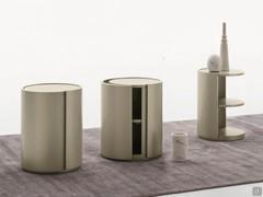 Cylindrical nightstand Weston in versions with visible compartments and with closed and open hinged doors