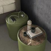 Couple of Cyborg faux leather bedside tables, onw with battery charger and the other with Emperador marble top