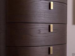 Detail of the brushed brass handles, here contrasted with a wood with decidedly darker tones