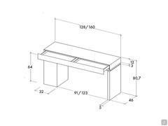 Drawings and measurements of the Nebula vanity in the desk version, without the makeup compartment and with one single drawer at the front