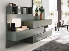 Mason grooved modular storage units, suspended or floor-standing and also freely juxtaposed with nightstands and dressers