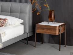 Partout bedside table by Bonaldo with metal trestle legs, charcoal ash or canaletto walnut wooden structure and marble or ceramic stone top