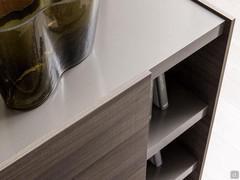 Close up of top, shelves and skirting in matte gunmetal lacquer