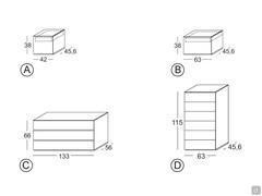 Minimal wooden night group FortyFive - A/B) high bedside table with inside drawer 42 and 63 cm, C) dresser, D) weekly chest of drawers